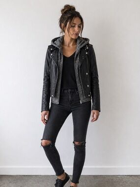 Mo-Ka Black Leather Hooded Moto Jacket with Faux Hoodie XS